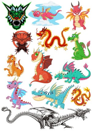 Variety of Colorful Cartoon and Tribal Dragon Vector Illustrations Free Vector