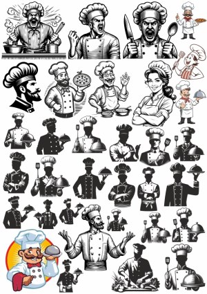Variety of Chef Mascot Illustrations and Silhouettes Free Vector