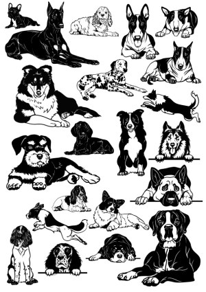Detailed Black and White Vector Illustrations of Various Dog Breeds Free Vector