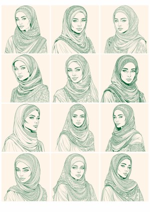 Detailed Line Art Portraits of Women Wearing Hijabs Free Vector