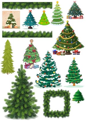 Collection of Cartoon and Realistic Christmas Trees with Decorations and Pine Borders Free Vector