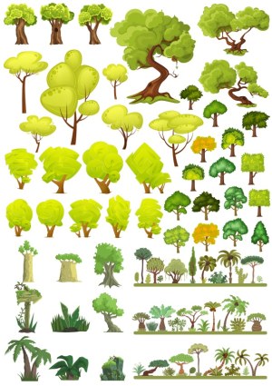 Cartoon Style Collection of Various Trees and Shrubs Free Vector
