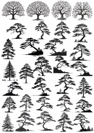 Collection of Various Tree Silhouettes and Bonsai Styles Vector Set Free Vector