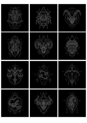 Geometric Zodiac Signs Vector Set with Line Art Illustrations Free Vector