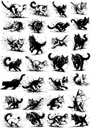 Black and White Ink Splash Cat Illustrations in Various Poses Free Vector