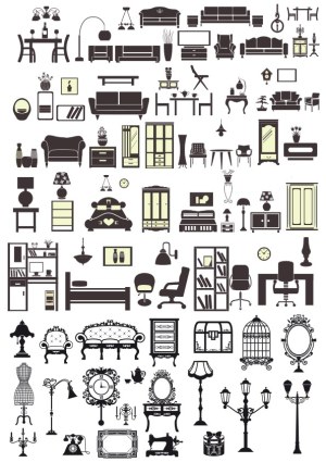 Comprehensive Set of Black Silhouette Furniture and Home Decor Icons Free Vector