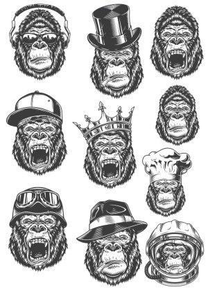 Set of Stylized Gorilla Heads with Various Accessories and Expressions Free Vector