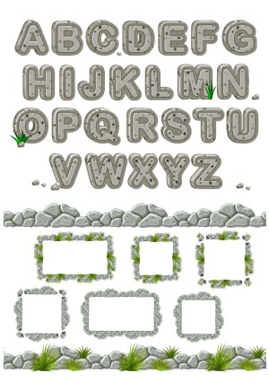 Stone Style Alphabet with Rock Frames and Grass Accents Free Vector