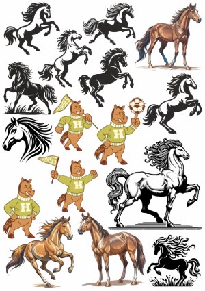 Collection of Horse Silhouettes, Realistic Illustrations, and Cartoon Mascots Free Vector