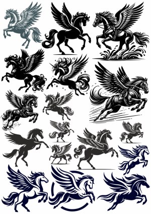 Collection of Stylized Winged Horses and Pegasus Silhouettes Free Vector