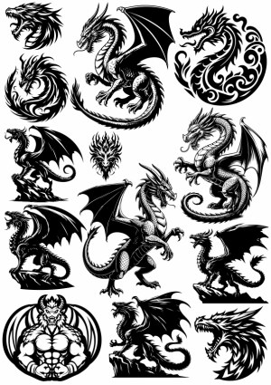 Black and White Vector Dragons and Dragon Heads Free Vector
