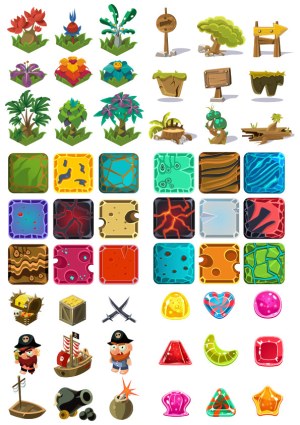 Colorful Game UI Elements with Plants, Signs, Tiles, Pirate Characters, and Candy Icons Free Vector