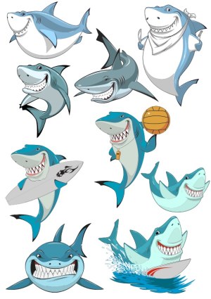 Set of Cartoon Sharks in Various Fun Poses and Activities Free Vector