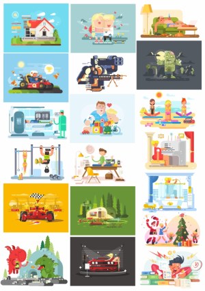 Collection of Colorful Cartoon Lifestyle and Activity Illustrations Free Vector