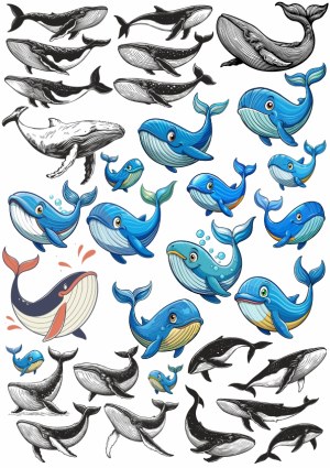 Collection of Stylized and Realistic Whale Illustrations Free Vector