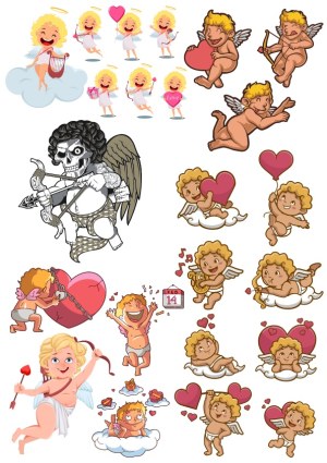 Collection of Cupid and Angel Cupids in Various Romantic Poses Free Vector
