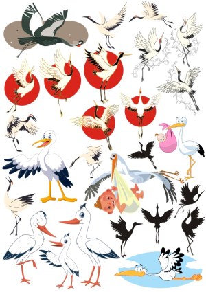 Variety of Crane and Stork Bird Illustrations with Baby Delivery Free Vector