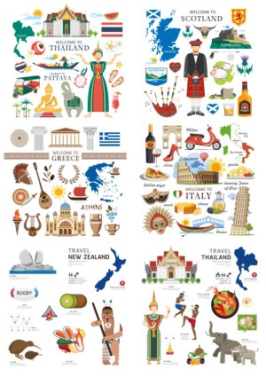 Travel Icons and Cultural Symbols of Thailand, Scotland, Greece, Italy, and New Zealand Free Vector