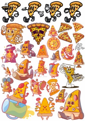 Cartoon Pizza Slice Characters and Fun Pizza Elements Vector Set Free Vector