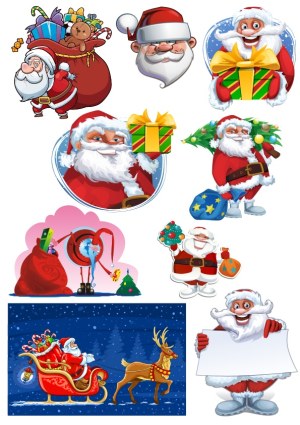 Collection of Cartoon Santa Claus Illustrations with Gifts and Christmas Scenes Free Vector