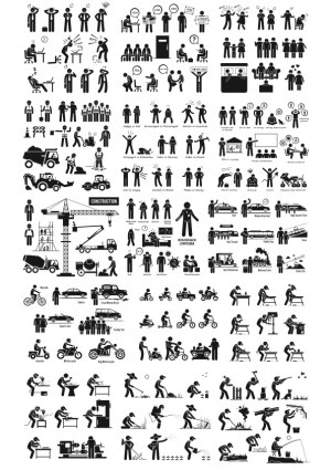 Comprehensive Set of Black Silhouette Vector Icons Representing Jobs, Construction, Transportation, Activities, and Daily Life Free Vector