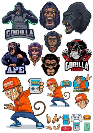 Collection of Gorilla, Ape, and Monkey Character Vector Illustrations and Mascots Free Vector