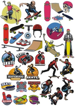 Skateboard Tricks, Accessories, and Logos Vector Set Free Vector