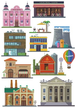 Collection of Vector Illustrations of Various Building Types and Structures Free Vector