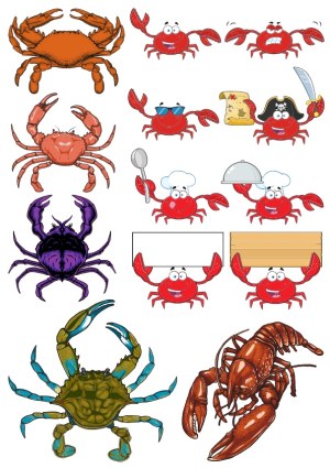 Crabs and Lobster Vector Set with Cartoon Characters and Signs Free Vector