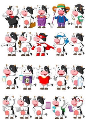 Cartoon Cow Characters Set with Various Occupations and Activities Free Vector