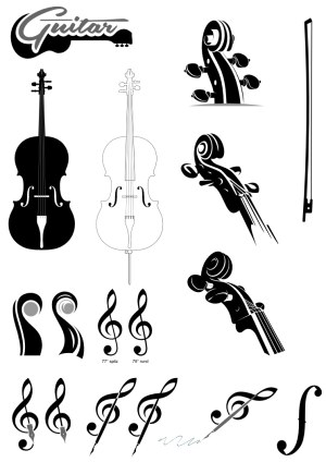 Black and White Violin, Bow, and Musical Symbols Vector Set Free Vector