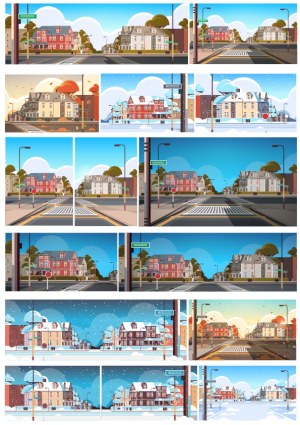 Vector Illustrations of Town Street Intersections Across Seasons and Times Free Vector