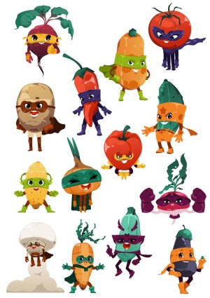 Cartoon Superhero Vegetables and Fruits Characters Free Vector