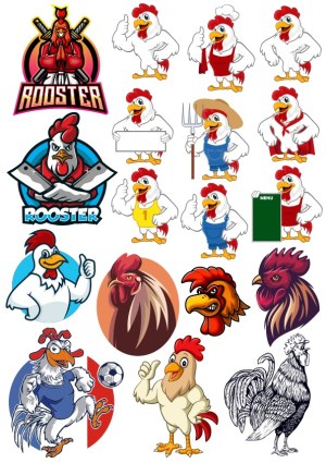 Collection of Rooster Cartoon and Mascot Vector Illustrations Free Vector