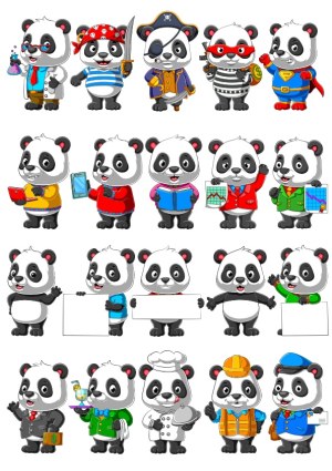 Cartoon Panda Characters in Various Costumes and Professions Free Vector