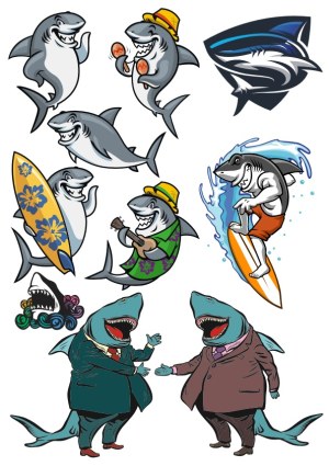 Cartoon Sharks Collection with Surfing, Music, and Business Themes Free Vector