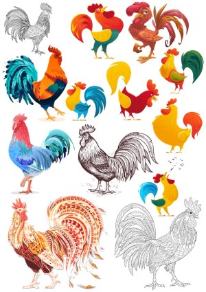 Colorful and Detailed Rooster and Chicken Vector Illustrations Free Vector