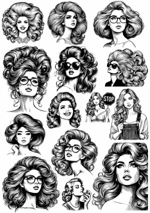 Vintage Style Black and White Portraits of Women with Detailed Hair Free Vector