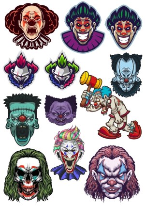 Collection of Scary and Evil Clown Vector Heads Free Vector
