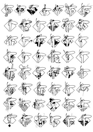 Set of 50 Black and White Cartoon Character Emotion and Activity Icons Free Vector
