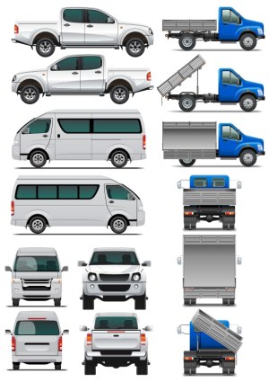 Set of White Pickup Trucks and Blue Flatbed Trucks with Various Views and Tilted Cargo Beds Free Vector