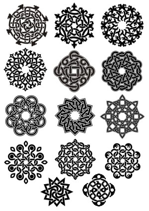 Set of 14 Black Circular Celtic Knotwork and Geometric Decorative Patterns Free Vector