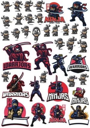 Ninja and Warrior Characters with Action Poses and Sport Team Logos Free Vector