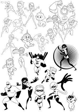 Black and White Line Art of Superhero Family in Various Poses Free Vector