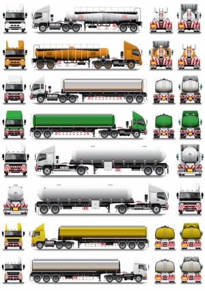 Detailed Vector Illustrations of Various Tanker Trucks from Multiple Angles Free Vector