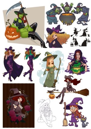 Collection of Halloween Witch Characters and Scenes Free Vector