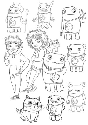 Coloring Page with Cartoon Characters, Kids, Monsters, and Cats Free Vector