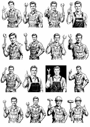Set of Black and White Handyman and Construction Worker Illustrations with Tools Free Vector