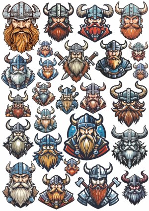Set of Viking Warrior Head Icons with Helmets and Beards Free Vector