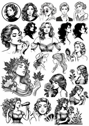 Black and White Vector Illustrations of Stylish Women with Floral Elements and Makeup Free Vector